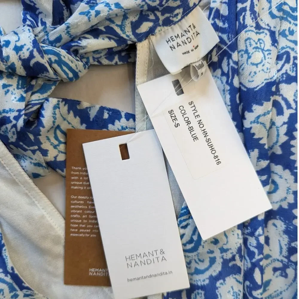 Hemant and Nandita Suho V-Neck Mini Dress Size Small Blue Paisley Preowned - Picture 9 of 12